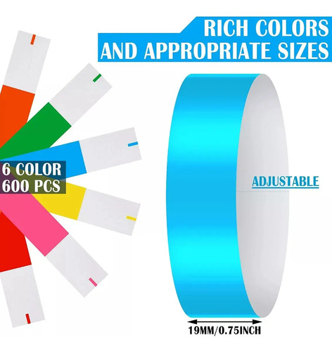 600 Un Pulseras Tyvek De Papel 6 Colores De Eventos Fiestas Multicolor 9