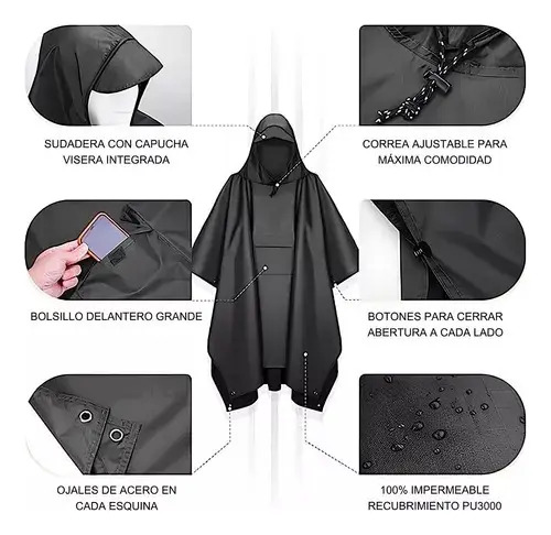 Poncho Impermeable Sin Olor Suave Capa Impermeable 210*140cm Negro 210*140cm 13
