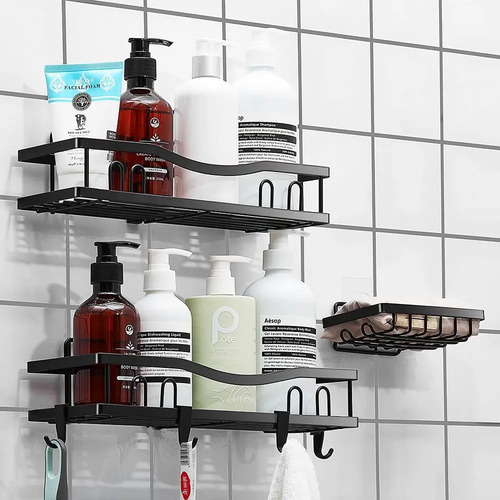 Organizador De Ducha Repisa Baño Adhesivo Set 3 Inoxidable Negro 9