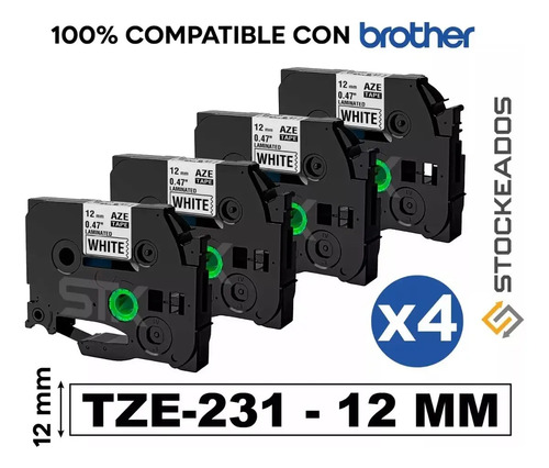 Pack 4 Cintas Tze-231 Alternativa Brother 12mmx8mts Blanca Negro 15