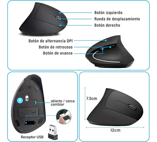 Ratón Vertical Inalámbrico Mouse Usb 2.4ghz Recargable Blanc Blanco 2