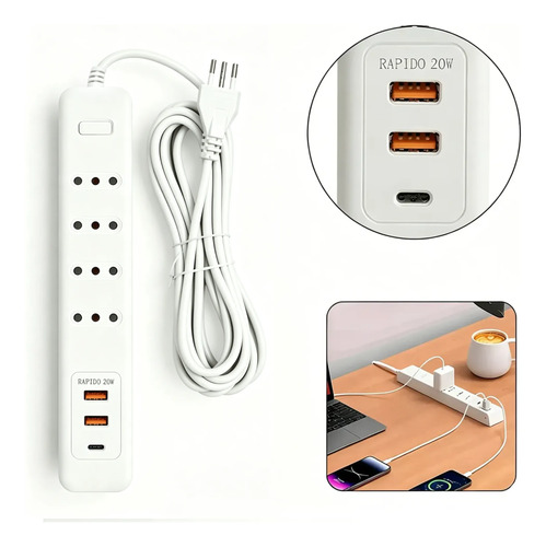 Falatale Alargador 4 Enchufes + 2 Usb Rápida 20w +1 Type C Blanco