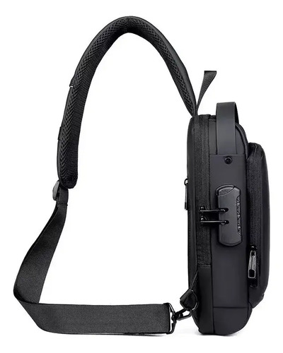 Bolso Banano Cruzado Impermeable Usb Riñonera Antirrobo Negro Cuero Sintético 3