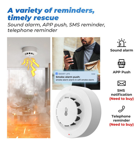 Detector Humo Sensor Wifi Tuya App Bluetooth Alarma Incendio Blanco 14