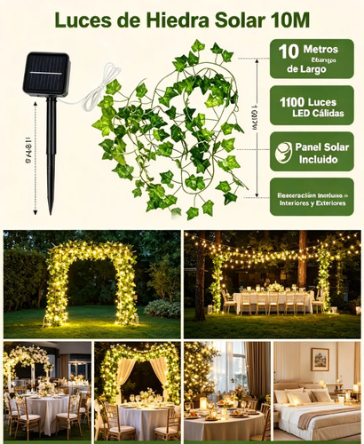 Luces Guirnalda Solar 100 Led Calidas 10 M De Artificiales Verde Oscuro 3