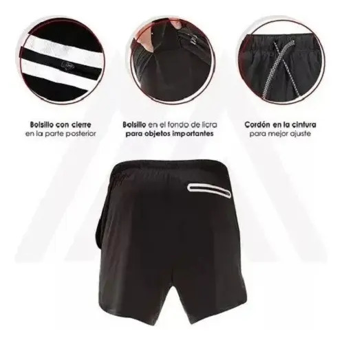 Short Gimnasio Licra Bolsillo Poliester Hombre Negro Y Rojo 20