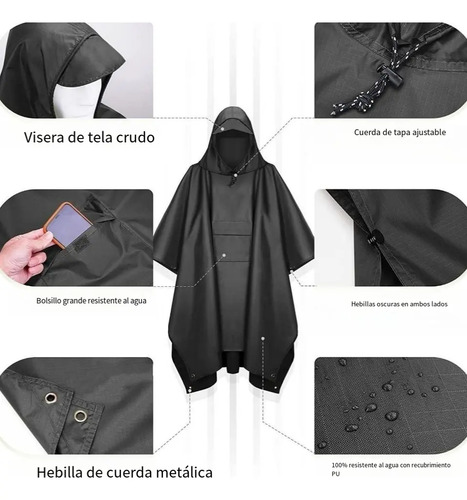 Poncho Impermeable Sin Olor Suave Capa Impermeable 210*140cm Negro 210*140cm 3
