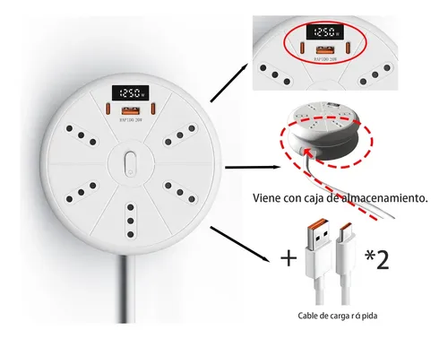 Alargador Plegable 3m 5 Enchufes 2usb Cables De Carga Rapida Blanco 12