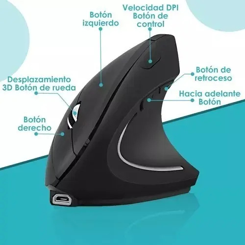 Ratón Vertical Inalámbrico 2.4g Recargable X Usb Ergonómico Color Negro 15
