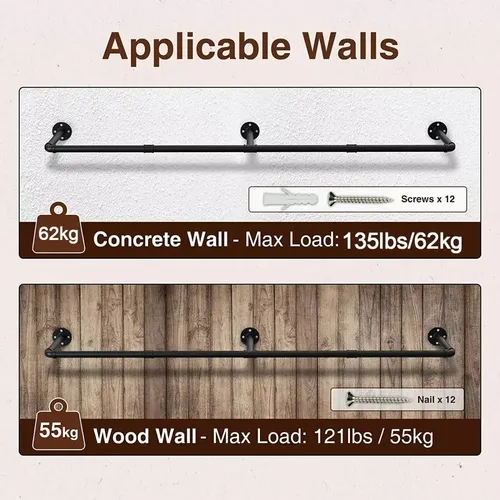 184cm Perchero De Pared Estante De Metal Para Ropa Multiusos Negro 6