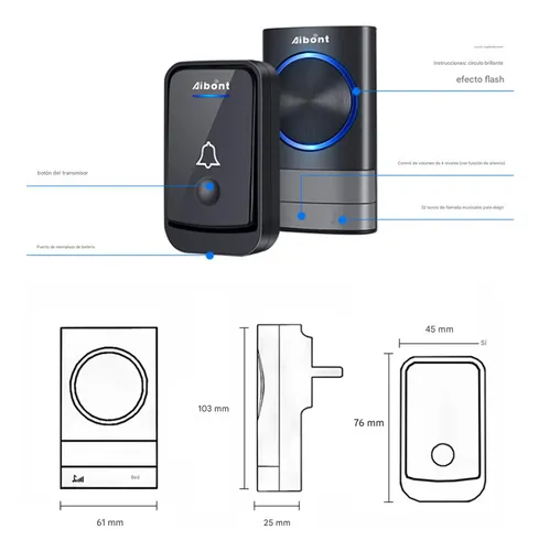Timbre Inalámbrico Para Puerta Con 2 Receptores Impermeables Negro 14