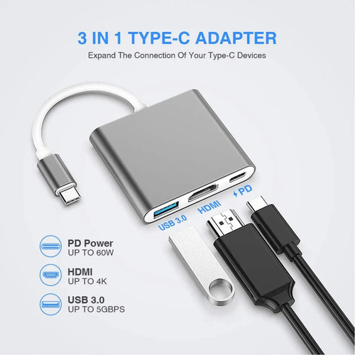 Adaptador Hub 3 En 1 Usb Tipo C A Usb-c Hdmi Usb3.0 Para Mac 4