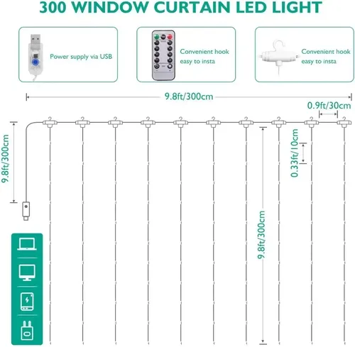 Cortinas Serie Luces 300 Led Decorativas Usb 8 Modelo 3x3m 18