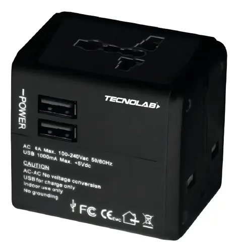 Adaptador Enchufe Universal Negro Tecnolab Tl354 Con Usb Viajes Brasil 2