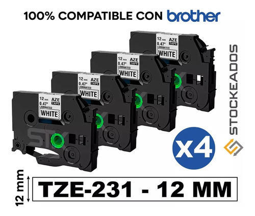 Pack 4 Cintas Tze-231 Alternativa Brother 12mmx8mts Blanca Negro 2