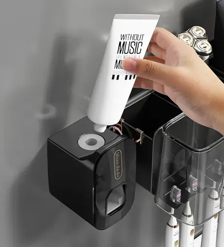 Dispensador Pasta Crema Dental Cepillos Organizador 4 Vaso Negro 6