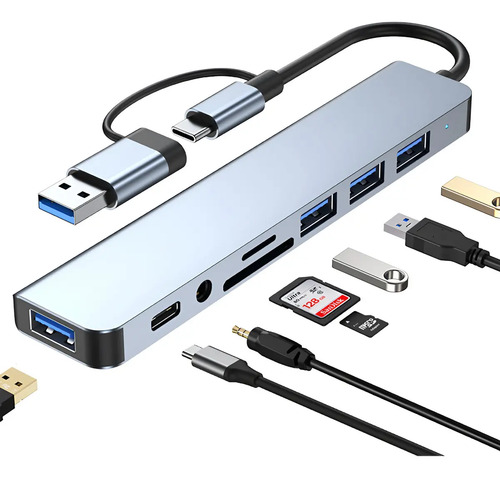 Hub Usb Hota Usb-c 8 Puertos Compatible Macbook Pro Samsung LG Huawei Plateado