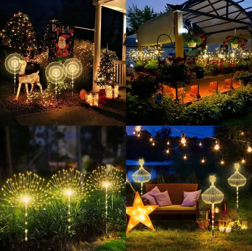 Pack X4 Luces Micro Led Fuego Artificial Solares Navidad Amarillo 8