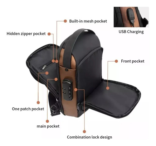 Bolso Banano Cruzado Impermeable Usb Riñonera Antirrobo Negro Cuero Sintético 5
