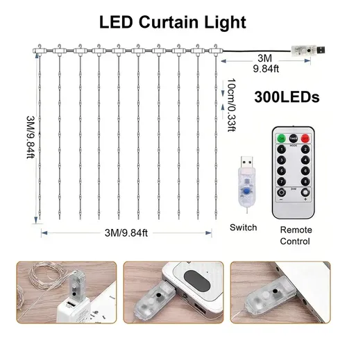 3mt Cascada Luces Guirnalda Cortina Led Navidad Eventos Boda Amarillo Cálido 15