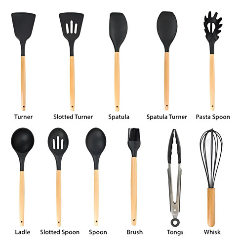 Set 11 De Cocina Antiadherentes De Silicona + Almacenamiento Negro 7