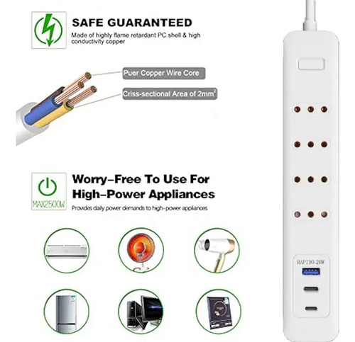 Alargador 4 Enchufes +rápida 20w ,2type C+1usb Protección Blanco 3