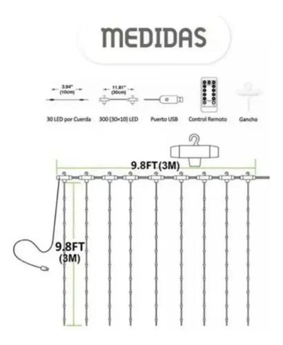 3mt Cascada Luces Guirnalda Cortina Led Navidad Eventos Boda Amarillo Cálido 8