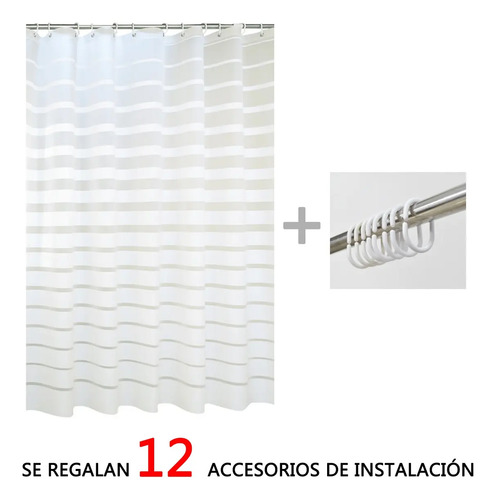 Cortina De Baño Yu Forro Rayada Blancas 180x180cm Con Ganchos Peva Blanco Rayas 12