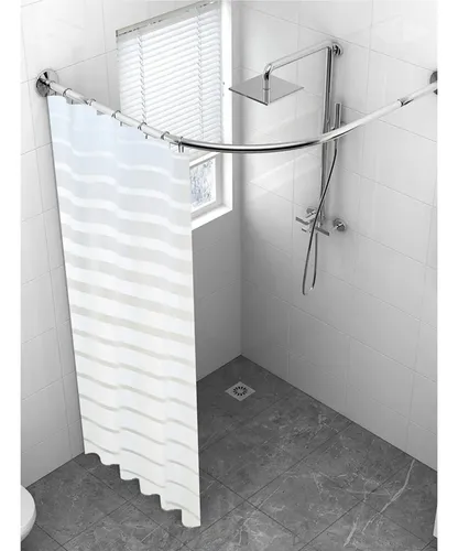 Cortina De Baño Yu Forro Rayada Blancas 180x180cm Con Ganchos Peva Blanco Rayas 5