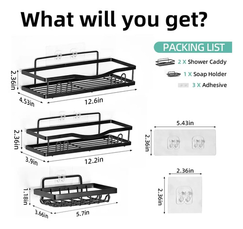 Organizador De Ducha Repisa Baño Adhesivo Set 3 Inoxidable Negro 3