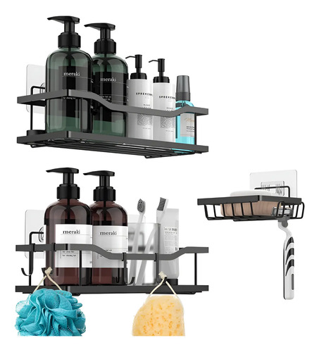 Organizador De Ducha Repisa Baño Adhesivo Set 3 Inoxidable Negro 11