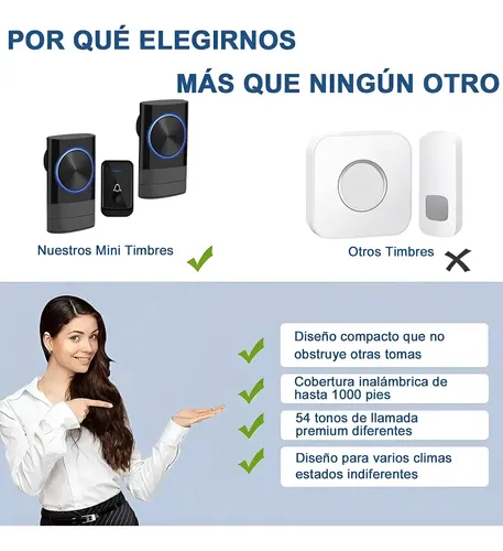 Timbre Inalámbrico Para Puerta Con 2 Receptores Impermeables Negro 17