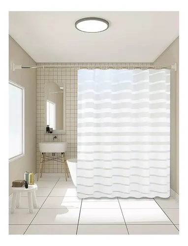 Cortina De Baño Yu Forro Rayada Blancas 180x180cm Con Ganchos Peva Blanco Rayas 12