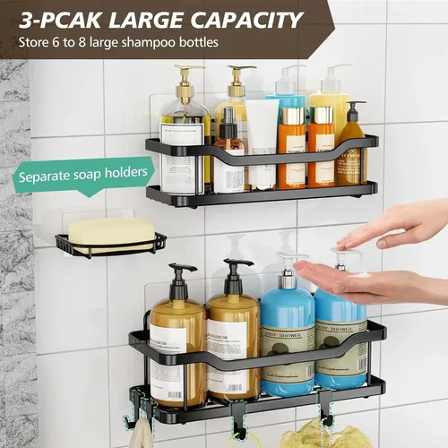 Organizador De Ducha Repisa Baño Adhesivo Set 3 Inoxidable Negro 15