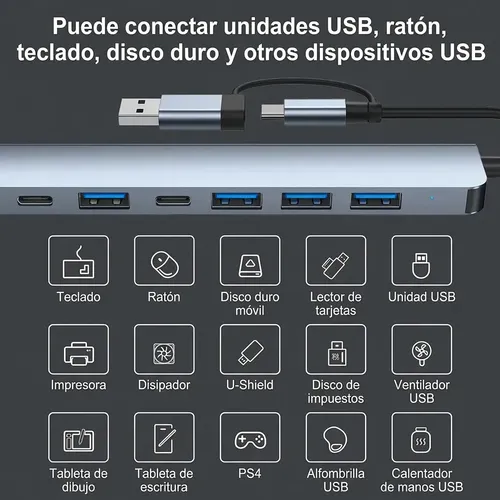 Hub Usb Hota Usb-c 8 Puertos Compatible Macbook Pro Samsung LG Huawei Plateado 10