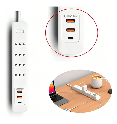 Falatale Alargador 4 Enchufes + 2 Usb Rápida 20w +1 Type C Blanco 11