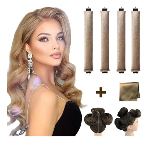 4piezas Kit Rizadores Sin Calor Para Cabello Ondulado Rizado Caqui