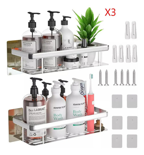 Organizador De Ducha Set X3 Repisa Baño Adhesivo Plateado 4