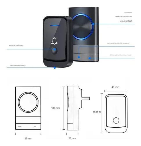 Timbre Inalámbrico Para Puerta Con 2 Receptores Impermeables Negro 9