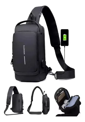Bolso Banano Cruzado Impermeable Usb Riñonera Antirrobo Negro Cuero Sintético 9