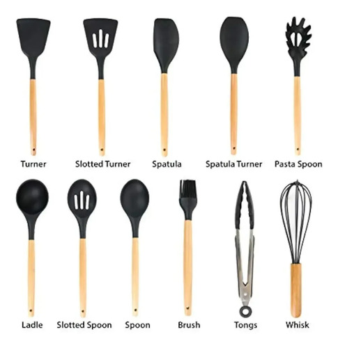 Set 11 De Cocina Antiadherentes De Silicona + Almacenamiento Negro 12