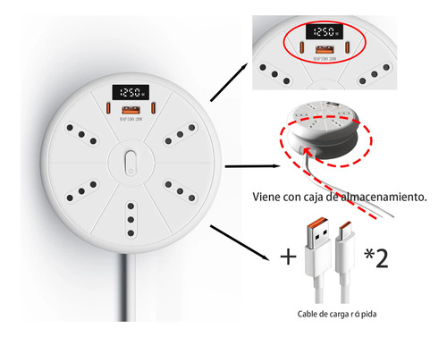 Alargador Plegable 3m 5 Enchufes 2usb Cables De Carga Rapida Blanco 2