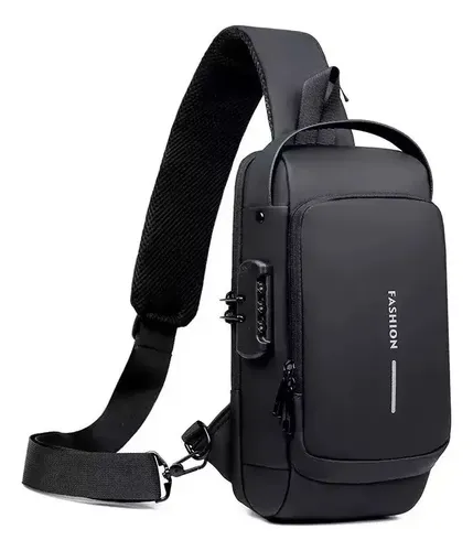 Bolso Banano Cruzado Impermeable Usb Riñonera Antirrobo Negro Cuero Sintético 16