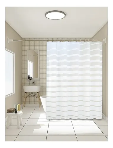 Cortina De Baño Yu Forro Rayada Blancas 180x180cm Con Ganchos Peva Blanco Rayas 2