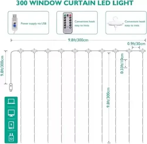 Cortinas Serie Luces 300 Led Decorativas Usb 8 Modelo 3x3m 18