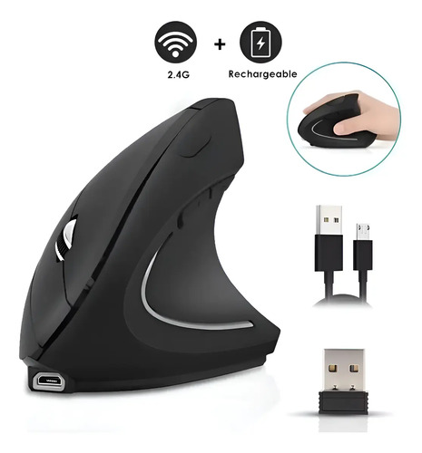Ratón Vertical Inalámbrico 2.4g Recargable X Usb Ergonómico Color Negro 20