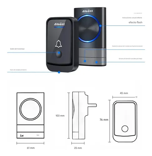 Timbre Inalámbrico Para Puerta Con 2 Receptores Impermeables Negro 3