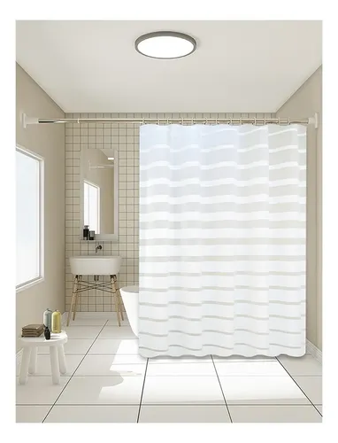 Cortina De Baño Yu Forro Rayada Blancas 180x180cm Con Ganchos Peva Blanco Rayas 11