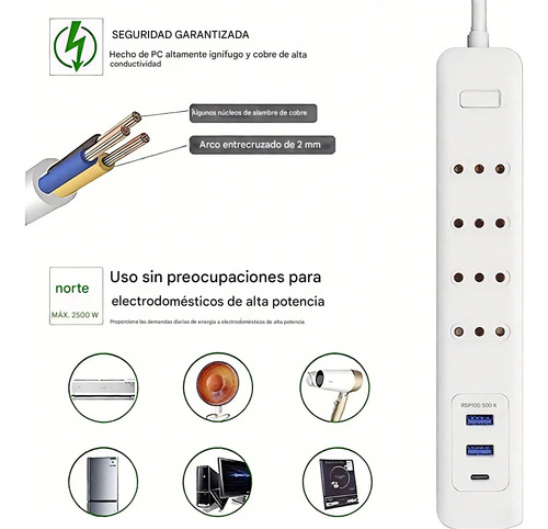 Falatale Alargador 4 Enchufes + 2 Usb Rápida 20w +1 Type C Blanco 6