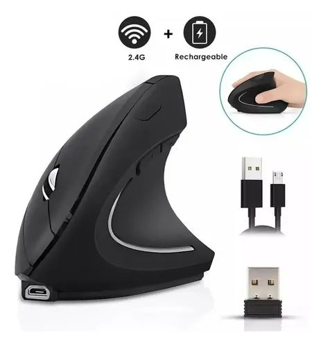 Ratón Vertical Inalámbrico 2.4g Recargable X Usb Ergonómico Color Negro 20